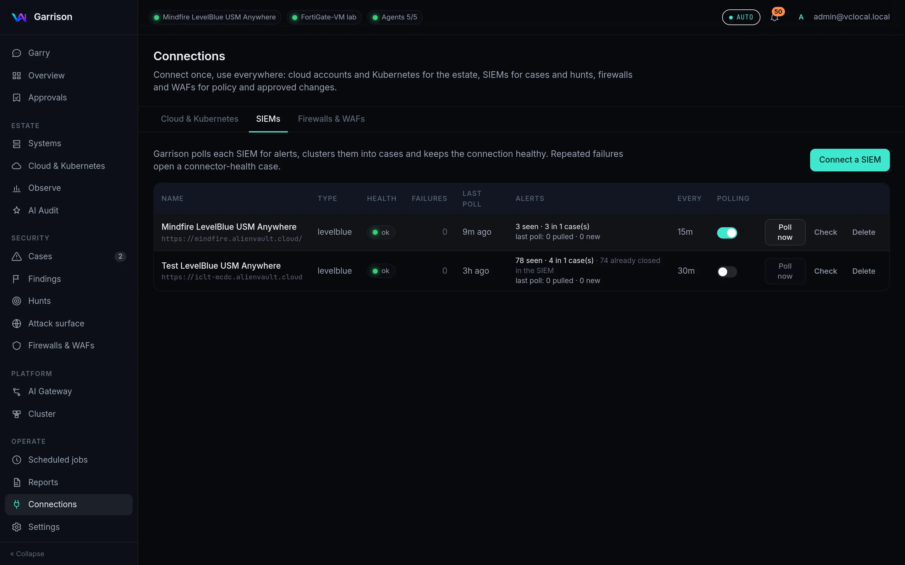 Connections → SIEMs: health, last poll and alert counts